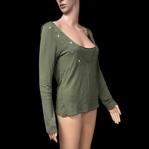Y2K Top Womens Sz L Boho Olive Green Embellished Deep Neckline Long Sleeves